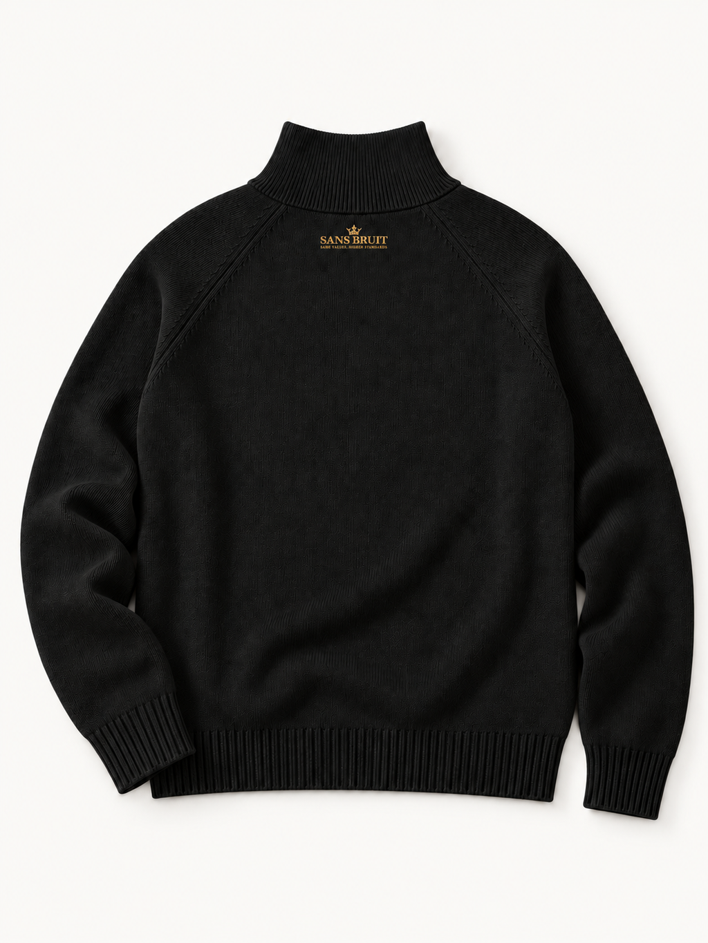 Sans Bruit Quarter-Zip Pullover — Noir — back flat lay on warm ivory.
