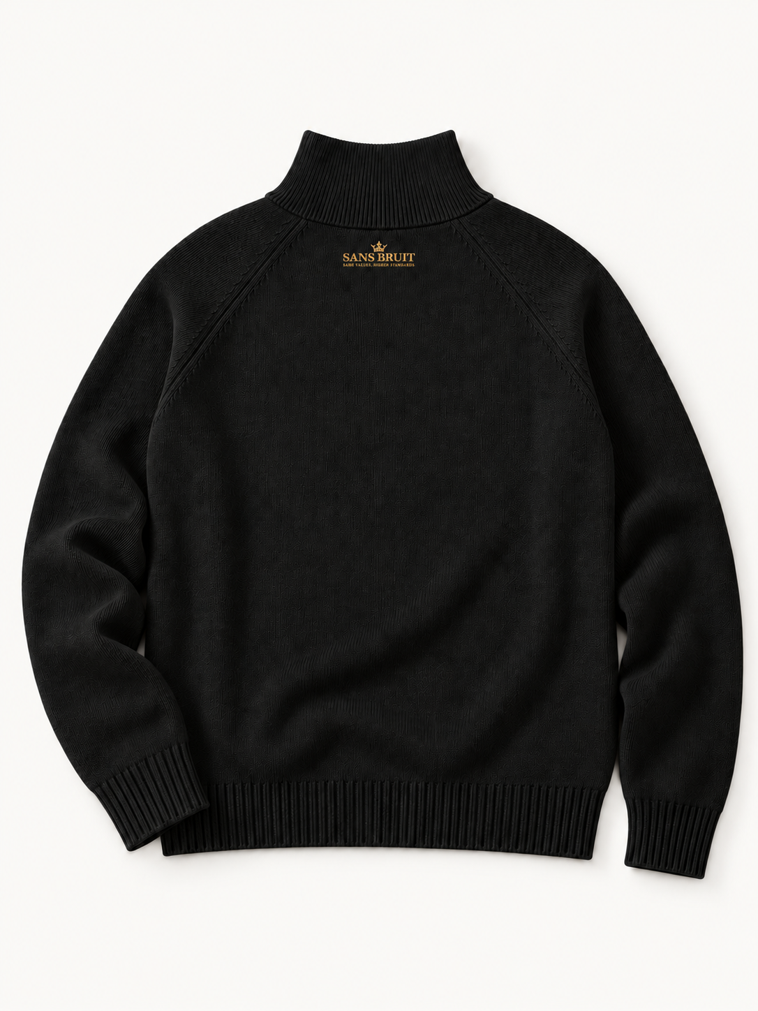 Sans Bruit Quarter-Zip Pullover — Noir — back flat lay on warm ivory.