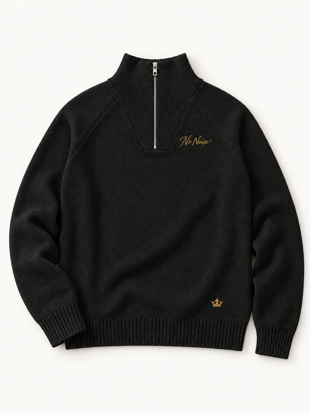 Sans Bruit Quarter-Zip Pullover — Noir — front flat lay on warm ivory.