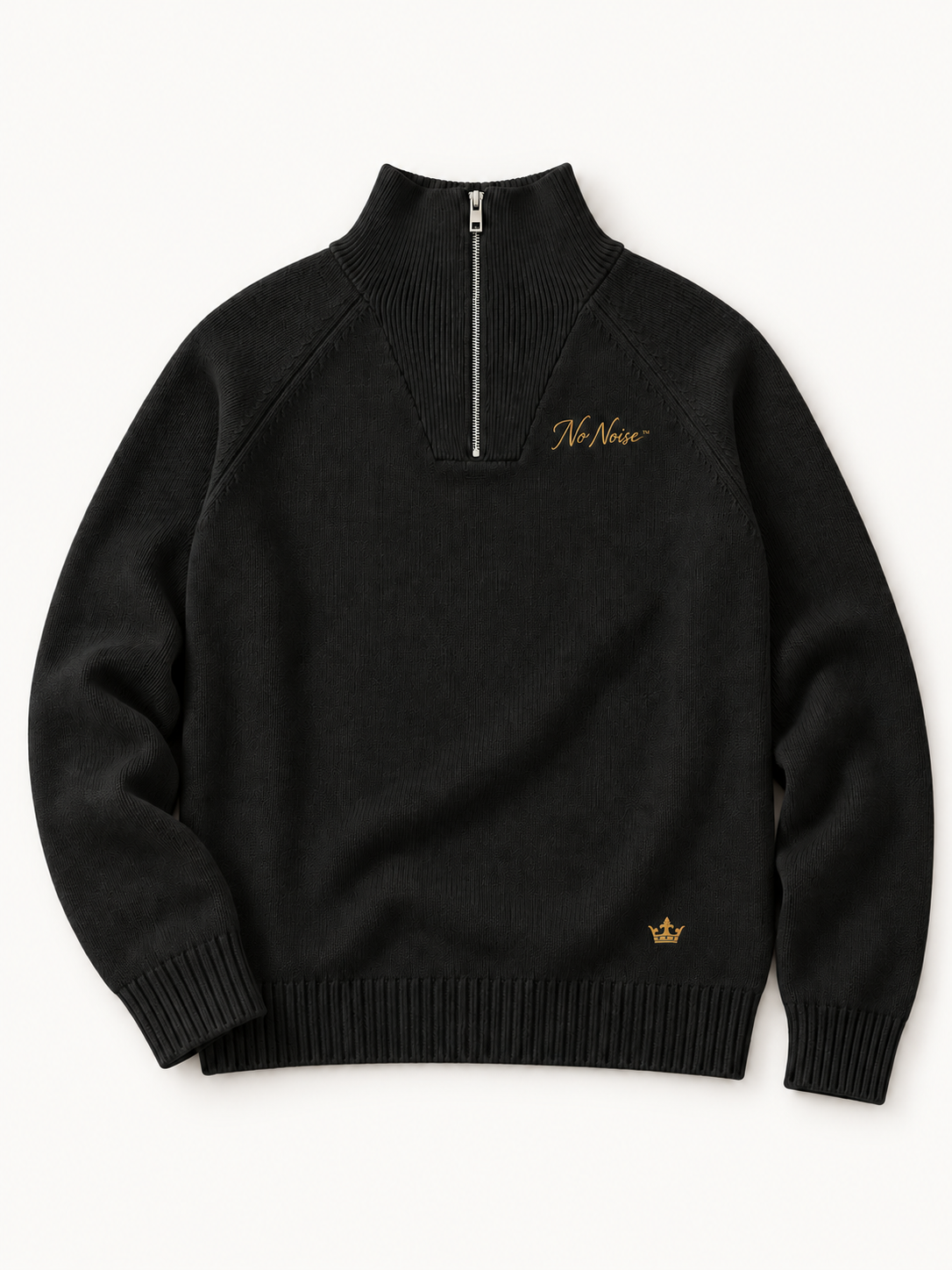 Sans Bruit Quarter-Zip Pullover — Noir — front flat lay on warm ivory.