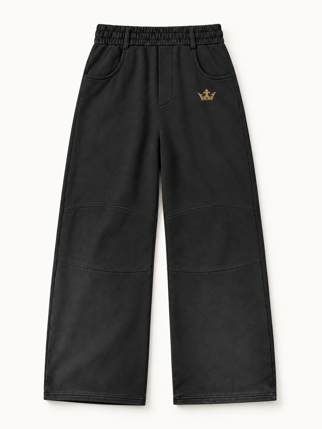 Sans Bruit Paneled Barrel Pants — Washed Black — front flat lay on warm ivory.