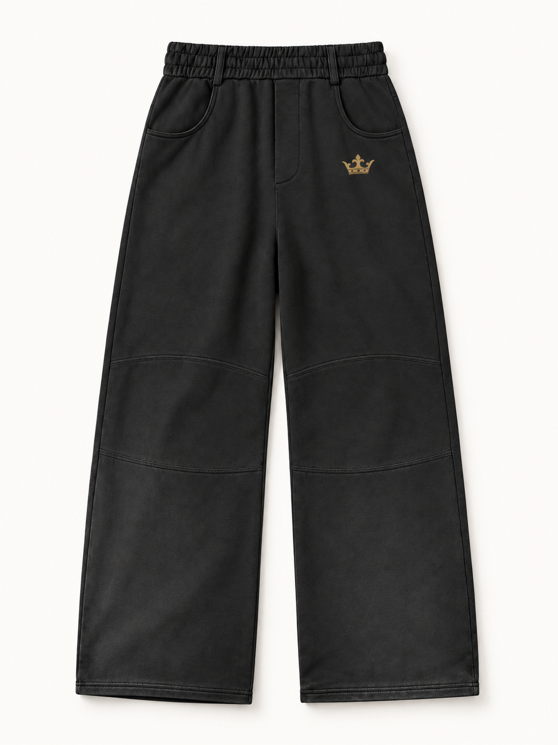 Sans Bruit Paneled Barrel Pants — Washed Black — front flat lay on warm ivory.