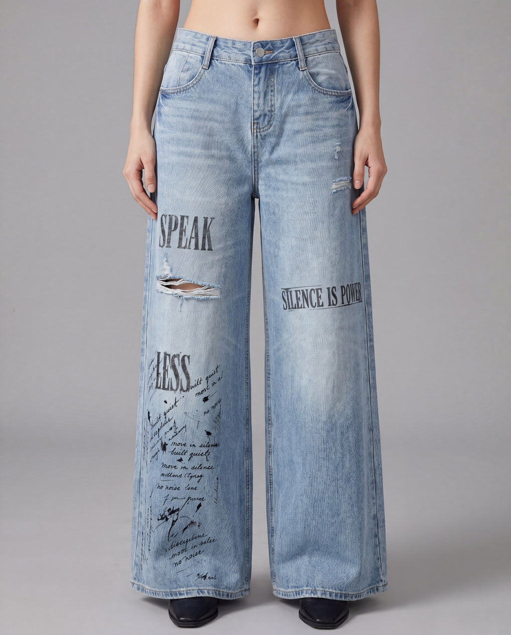NO NOISE HER Speak Less Wide Leg Jean — front on-model