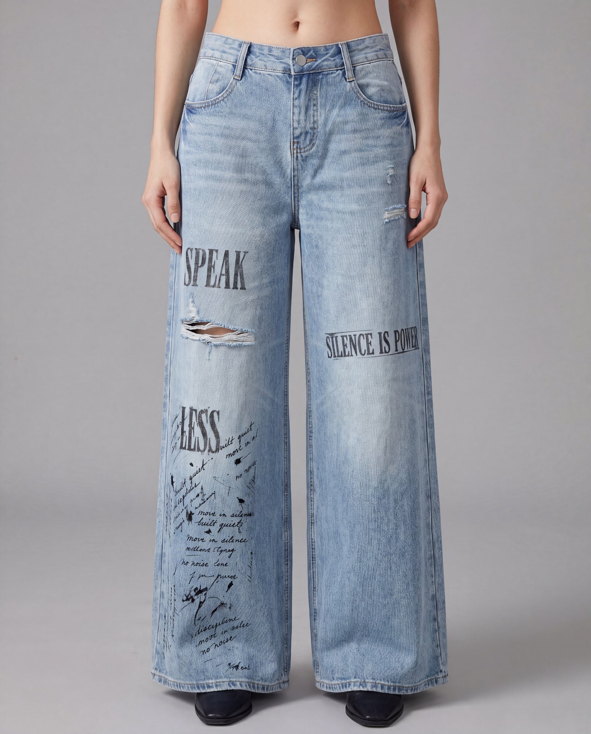 NO NOISE HER Speak Less Wide Leg Jean — front on-model