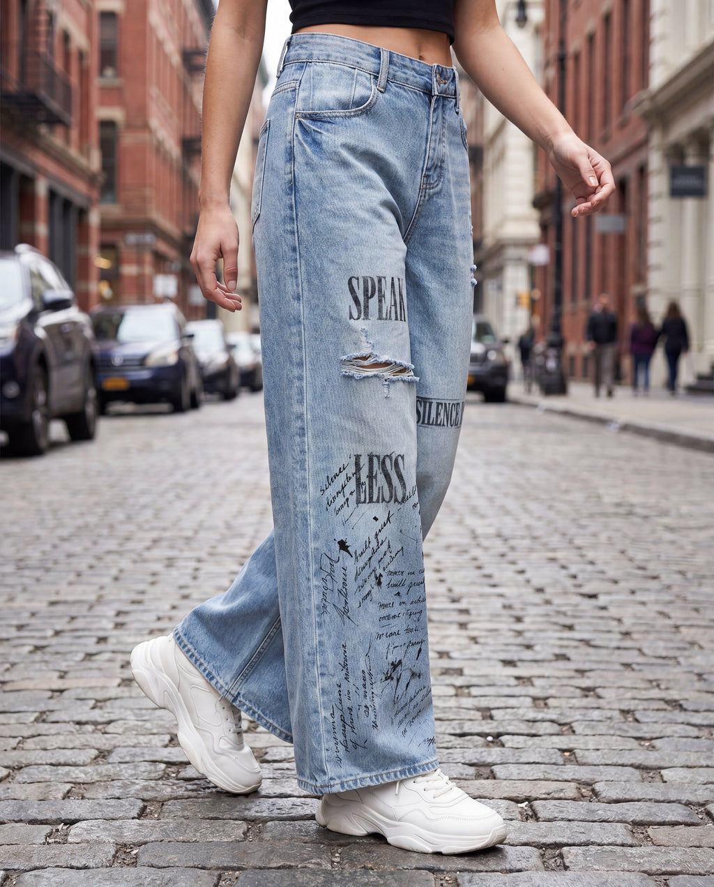 NO NOISE HER Speak Less Wide Leg Jean — lifestyle editorial