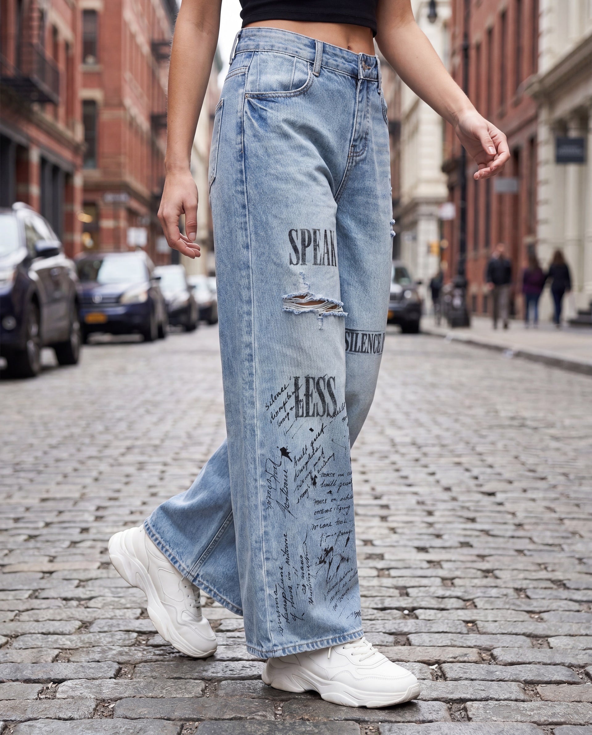 NO NOISE HER Speak Less Wide Leg Jean — lifestyle editorial
